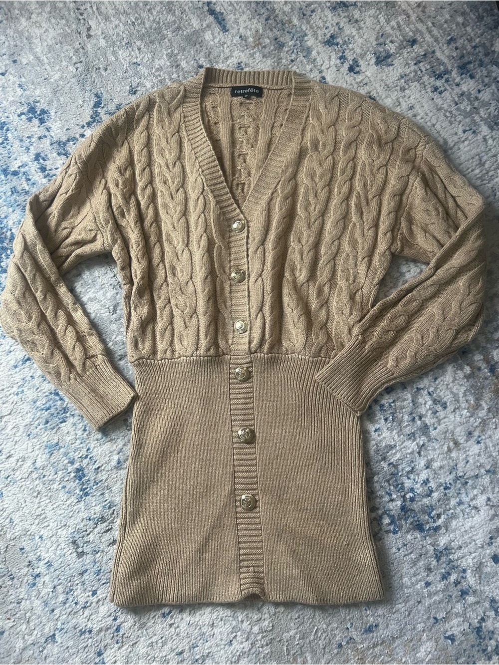 Retrofete Beige Cable-Knit Button-Front V-Neck Cardigan